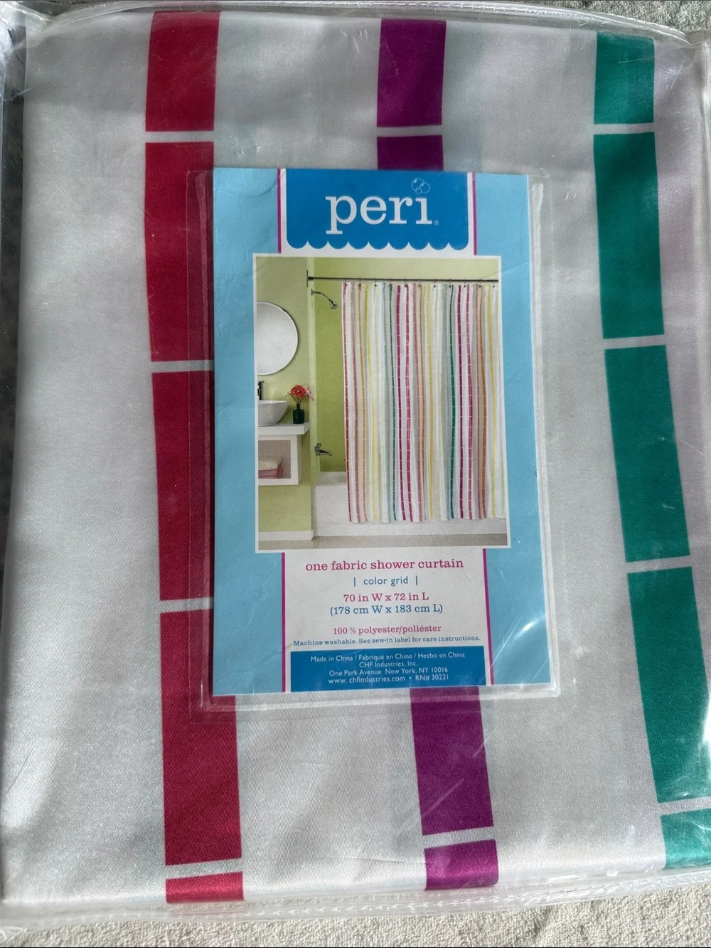 Peri Striped Fabric Shower Curtain and Waverly Metal Shower Hooks, 70 x 72 in